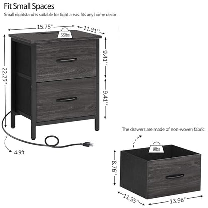 Vagusicc Nightstand Set of 2 with Charging Station, End Table Bedside Table with Power Outlet & USB Ports, Side Table with 2 Fabric Drawers for Bedroom, Living Room, Gray Walnut - color: Gray Walnut (2 Pack)