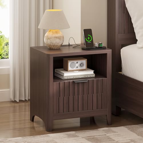 Fluted Nightstand with Charging Station, 21" Wide Modern Bedside Table with Storage Drawer, Wide Open Shelf & Curved Corner, Mid Century Night Stand End Side Table for Bedroom, Walnut