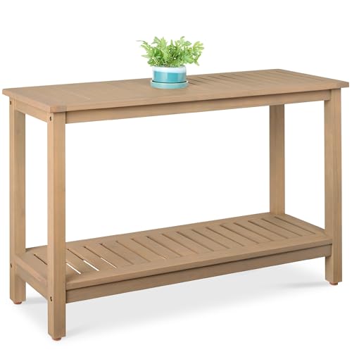 Best Choice Products 48in 2-Shelf Eucalyptus Wooden Console Table Indoor Outdoor Multifunctional Buffet Bar Storage Organizer w/Foot Sliders - Taupe - color: Taupe