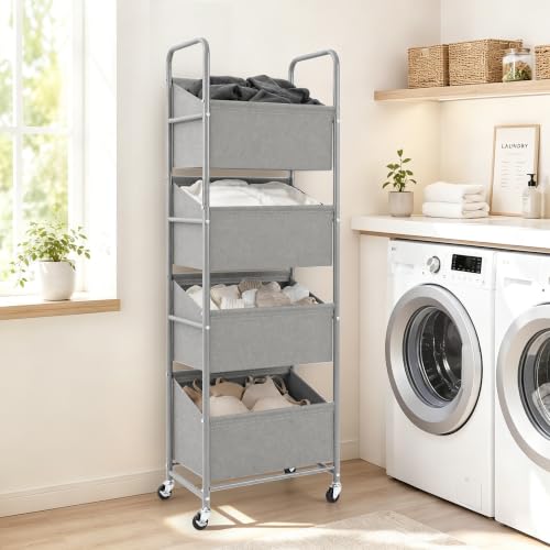 STO STO 4-Tier Vertical Rolling Laundry Hamper, Removable Bags, Gray Faric | 160L Capacity, Space-Saving Vertical Design, Rust-Resistant Steel Frame, Lockable Wheels, Ideal for Apartments & Small Spaces - color: Gray Faric, size: 4-Tier