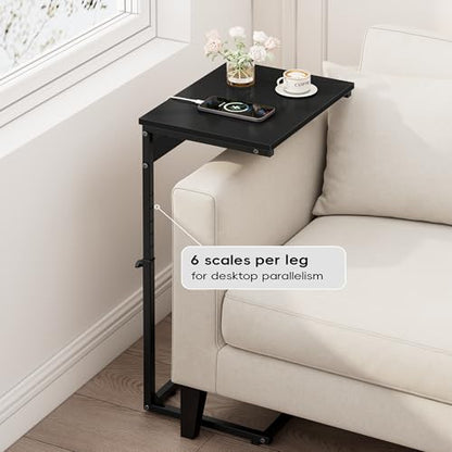 Vagusicc C Shaped End Table with Charging Station, Adjustable Height Side Table for Couch,Small Side Table Small Spaces, 33.2'' Tall Couch Tables that Slide Under, Tv Tray Table for Living Room, Black - color: Black (1 Pack), style: With Plug