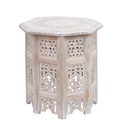 COTTON CRAFT Solid Wood End Table - Hand Carved Vintage Boho Folding Side Table - Small Spaces Entryway Accent Table - Farmhouse Living Room Bedside - No Tools Assembly - 18x18 Octagon - White Wash - color: White Wash Octagon, size: 18x18x18