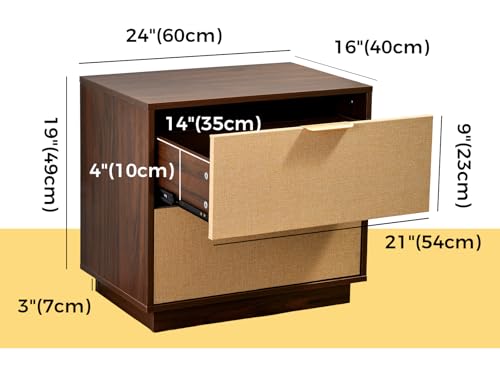 Saint Mossi Rattan Nightstands Set of 2 - Boho Bed Side Tables with 2 Storage Drawers, Mid Century Modern Sofa End Tables for Living Room, Walnut Finish with Golden Handle, W23xD15xH21 - size: 2 Set 2 Drawer
