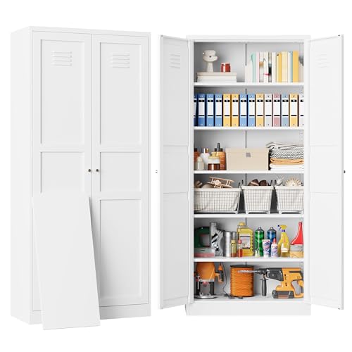 SISESOL 71" Tall Pantry Cabinet with 2 Doors and 5 Shelves,Kitchen Pantry Storage Cabinets,White Metal Storage Cabinet,Wide Deep Food Cupboard for Home,Kitchen,Dining/Living Room - color: White, size: 71"H