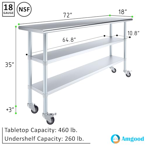 AmGood Stainless Steel Work Table with 2 Shelves and Casters | Metal Utility Table On Wheels (Stainless Steel Work Table with 2 Shelves + Casters, 72" Long x 18" Deep) - size: 72" Long x 18" Deep