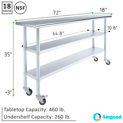 AmGood Stainless Steel Work Table with 2 Shelves and Casters | Metal Utility Table On Wheels (Stainless Steel Work Table with 2 Shelves + Casters, 72" Long x 18" Deep) - size: 72" Long x 18" Deep