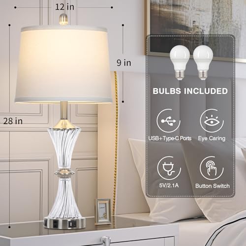 Rinweey Crystal Glass Table Lamp with USB C+A Ports & AC Outlet,White Clear Modern Bedroom Lamp,Silver Lamp for Living Room,Nightstand Lamp LED Bulbs Included,Single Silver - color: Silver-1P