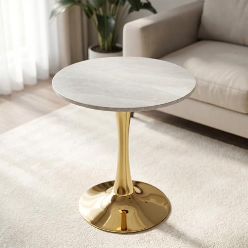 27.6" Marble Round Tulip Table, Mid-Century Modern Style Dining Table with Gold Pedestal Base for 2-4 People, Featuring A Marble Tabletop for Kitchen, Dining Room, Cafe (Grayish White) - color: Grayish White#gold