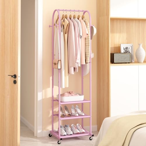 Kaitiemoo Heavy Duty Clothing Rack With Wheels,Modern Garment Rack With 3 Metal Shelves, 71.8Inches Display Rack For Hanging Clothes, Hanging Rod For Small Space,Pink - color: Pink