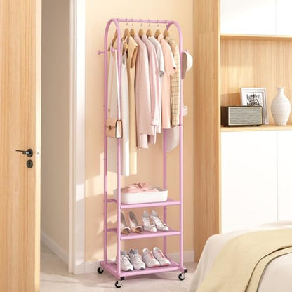 Kaitiemoo Heavy Duty Clothing Rack With Wheels,Modern Garment Rack With 3 Metal Shelves, 71.8Inches Display Rack For Hanging Clothes, Hanging Rod For Small Space,Pink - color: Pink