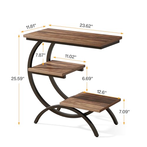 Tribesigns C-Shaped End Table Set of 2, Industrial 3-Tier Small Side Table for Couch, Wood Bedside Table Snack Side Table with Storage Shelves for Living Room Small Space, Rustic Brown - color: Rustic Brown