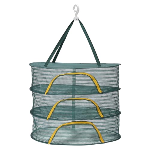 MECCANIXITY 24" Herb Drying Rack Hanging 3 Layer Hanging Mesh Net Collapsible Food Drying Fish Net with Zipper for Fish Buds Fruit Dehydrated Goods Vegetables Clothes, Green
