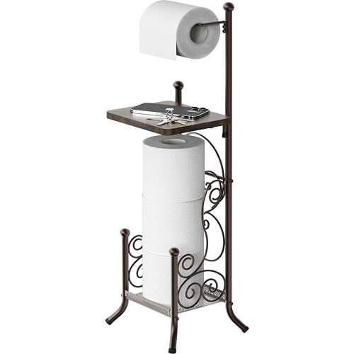 Simple Houseware English Style Toilet Paper Stand Holder w/Woodtop, Bronze | 4 Paper Rolls, 8.5" x 8.75" x 29.2" - color: Bronze, size: Wood Shelf - 29.2''H