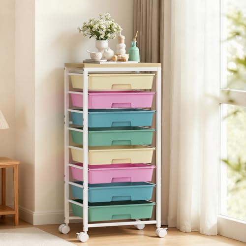 Rolling Cart with 8 Drawers, Plastic Drawer Storage Carts with Wheels & Wooden Tabletop, Metal Utility Cart Organizer for Bedroom Living Room Office Classroom Craft Organization and Storage, Colorful - color: Bright Colorful