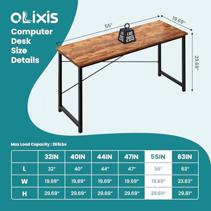 OLIXIS Home Office Computer Desk, Small Office 55-inch Writing and Study Desk, Bedroom Table with Metal Frame and Wooden Top, Compact Modern Study Table for Home Use, Rustic Brown - color: Rustic Brown, size: 55-In