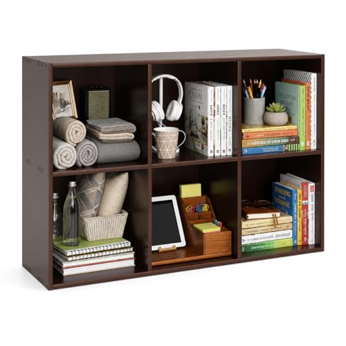 6-Cube Bookcase, 2-Tier Solid Wood Storage Organizer Brown 35.4in | Open Bookcase for Bedroom, Study, Bookstore & Office