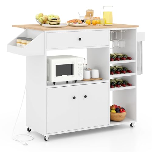 Giantex Rolling Kitchen Island Cart with Drop Leaf, Power Outlet, Spice Rack, 12 Wine Rack, Glass Holder, Drawer, Storage Cabinet, Towel Rack, Island Table for Breakfast Coffee Bar (White & Natural) - color: White & Natural