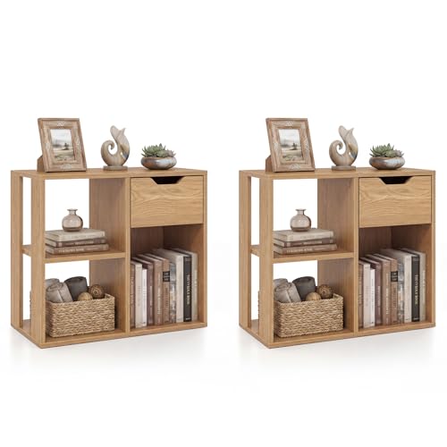 Giantex 3 Cube Bookcase with Drawer, 2 Tier Bookshelf for Small Space, Modern Freestanding Display Rack with Open Shelves, Natural Book Case, Wood Cube Storage Organizer Bedroom Living Room, 2 Pack - color: Natural