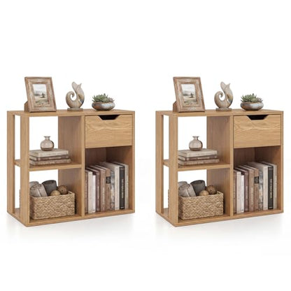 Giantex 3 Cube Bookcase with Drawer, 2 Tier Bookshelf for Small Space, Modern Freestanding Display Rack with Open Shelves, Natural Book Case, Wood Cube Storage Organizer Bedroom Living Room, 2 Pack - color: Natural