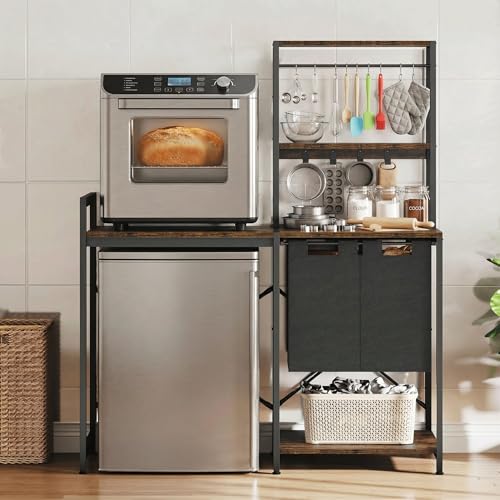 YITAHOME Kitchen Bakers Rack with Storage Shelves, Coffee Bar Table | 4 Tiers ＆ 5 Hooks, 45.3" Large Freestanding Kitchen Shelves, Mini Fridge Cabinet with Storage for Dining Room, Retro Brown - size: 55"×47.2"