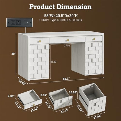 58" Executive Desk with Drawers, Home Office Desk with Charging Station & Keyboard Tray, Wood Office Desk with File Drawer & Storage Cabinet, Modern Computer Writing Desk with Adjustable Shelf, White