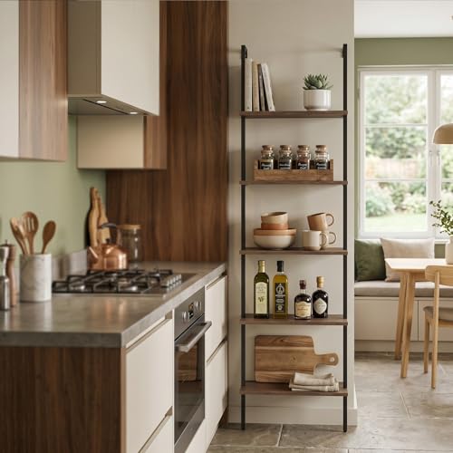 aboxoo Ladder Shelf 2PCS Open Bookshelf 5-Tier Wall-Mounted Wood Bookcase Rack Open Back Industrial Modern Plant Flower Stand Utility OrganizerMetal Frame Furniture Office Kitchen Bedroom (Brown) - color: Rustic Brown 5-tier, size: 2PCS