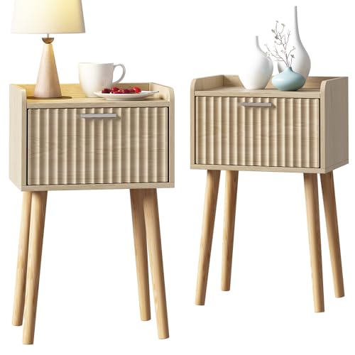 LAATOOREE Nightstand Set of 2, Small Bed Side Table with Fluted Door | End Table with Solid Wood Legs, Mid-Century Bedside Table for Bedroom Small Space - color: Natural, style: Fluted Style