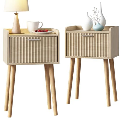 LAATOOREE Nightstand Set of 2, Small Bed Side Table with Fluted Door | End Table with Solid Wood Legs, Mid-Century Bedside Table for Bedroom Small Space - color: Natural, style: Fluted Style
