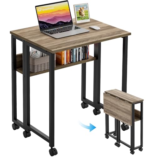 GreenForest Folding Desk with Wheels, 31.5" Rolling Table for Small Spaces | Storage Shelf, Lockable Casters, Compact Portable Workstation, Space-Saving Foldable Sofa Table, Home Office, Mobile, Grey - color: Grey Wash, size: 31.5 inch