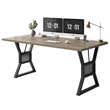 Garvee Modern Computer Desk, 70.8 Inch Home Office Work Desk,Farmhouse Gaming Writing Work from Home Study Desk,Sturdy Metal Frame for Bedroom,Home Office - color: Gray + Black Leg