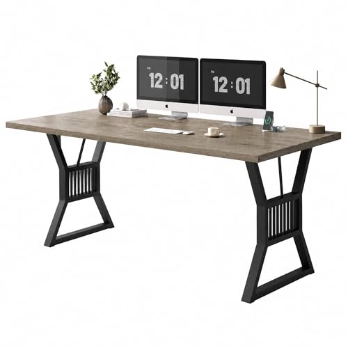 Garvee Modern Computer Desk, 70.8 Inch Home Office Work Desk,Farmhouse Gaming Writing Work from Home Study Desk,Sturdy Metal Frame for Bedroom,Home Office - color: Gray + Black Leg