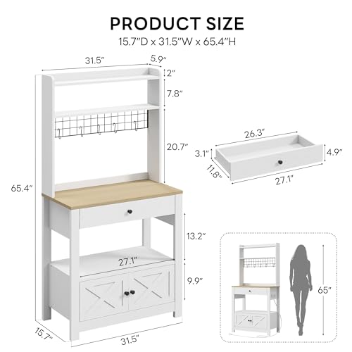 LIKIMIO Baker Rack with Spill-Safe Power Outlet & Drawer, White | Coffee Bar Cabinet with Storage, Farmhouse Microwave Stand with Hutch and 5 Hooks for Kitchen - color: White