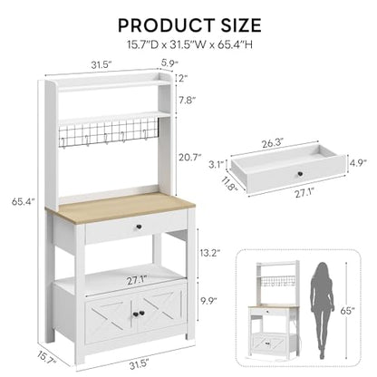 LIKIMIO Baker Rack with Spill-Safe Power Outlet & Drawer, White | Coffee Bar Cabinet with Storage, Farmhouse Microwave Stand with Hutch and 5 Hooks for Kitchen - color: White