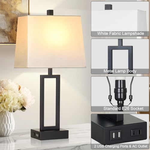 Touch Control Table Lamps with 2 USB Charging Ports & AC Outlets, 23" Tall Modern Nightstand Bedside Lamp for Bedroom, 3-Way Dimmable Metal Table Lamp with Fabric White Shade for Living Room End Table - color: White