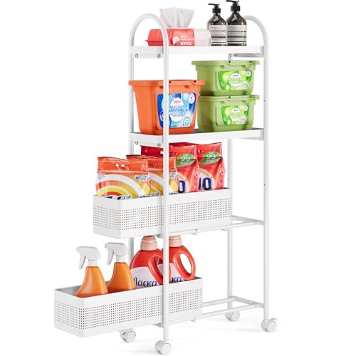 KINGRACK 4-Tier Slim Storage Cart with Pull Out Basket, Rolling Bathroom Organizer Utility, Metal Shelving Unit Slide Out, Lockable Wheels, Easy Assembly for Narrow Place, Kitchen, Laundry Room, White - color: White, size: 4 Tier-2BKT
