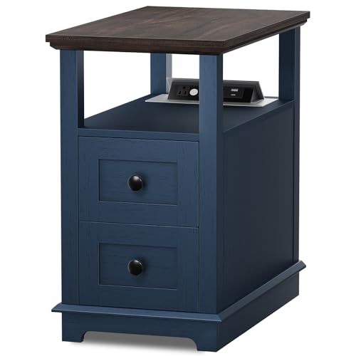 HIFYOBRO 2 Drawers End Table with Flip Top Charging Station, Narrow Side Table, Type-C & USB Port & Power outlets, Wooden Storage End Table for Living Room, Bedroom - color: Dark Blue, size: 1 Piece