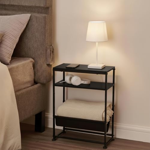 Narrow End Table for Small Spaces - Slim Side Table with Magazine Holder,2 in 1 Design Narrow Coffee Table Living Room,Skinny Bedroom Nightstand Thin Side Magazine Table,Black - color: Black