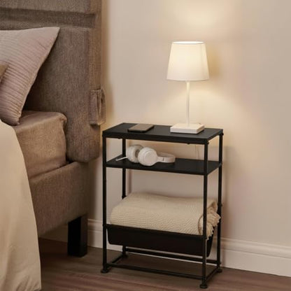 Narrow End Table for Small Spaces - Slim Side Table with Magazine Holder,2 in 1 Design Narrow Coffee Table Living Room,Skinny Bedroom Nightstand Thin Side Magazine Table,Black - color: Black