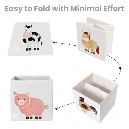 Two Cubs Foldable Kids Toy Storage Box - 13"x13" Cube Organizer Bin with Durable 2.6mm Plastic Plate Boards, Cow Design in White - Collapsible Nursery & Playroom Storage, Fits IKEA Kallax Shelves - color: Cow