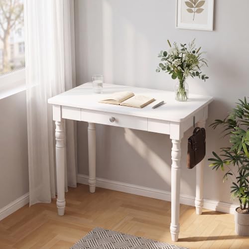 Vintage Solid Wood Writing Desk - 31.5" Mid Century Modern Desk with Drawer, Small Wooden Computer Desks for Home Office, Secretary Desks, Traditional Vanity Dressing Table for Bedroom, White - color: B-white, size: 31.5*15.7*29.5 Inch