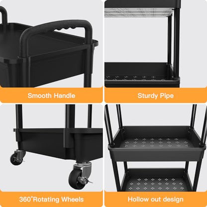 4 Tier Rolling Utility Cart with Drawer,REBECAT Utility Cart Made of Multifunctional Storage Organizer Tool for Kitchen,Bathroom,Living Room,Office(Black) - color: Black