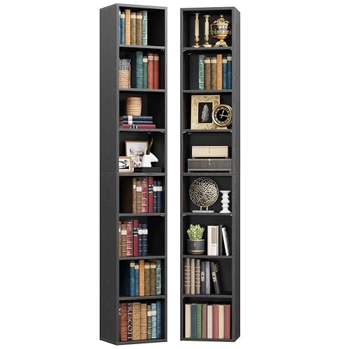 IRONCK Tall Narrow Bookshelf 8 Tiers 71in Set of 2, Compact Corner Bookcase | 4 Adjustable Shelves. Compact Corner-fit Design for Living Room, Office or Bedroom. Each Shelf Supports 28 lbs. Easy Setup. - color: Vintage Black