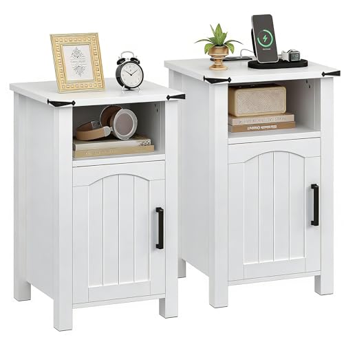 Farmhouse Nightstand with Charging Station, Set of 2 End Table with USB/Type-C Ports and Power Outlets, Rustic Bedside Table with Large Storage and Open Shelf, Modern Side Table for Bedroom, White - color: White