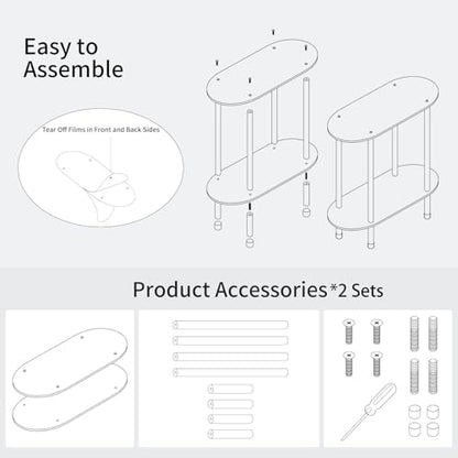 Clear Acrylic Narrow Side Table Set of 2 for Small Spaces, 15.75" L x 7.87" W x 19.82" H, 2 Tier Oval Slim End Table Nightstand, Small Skinny Bedside Table for Bedroom, Bathroom, Living Room - size: 2 Tier Oval 2-Pack