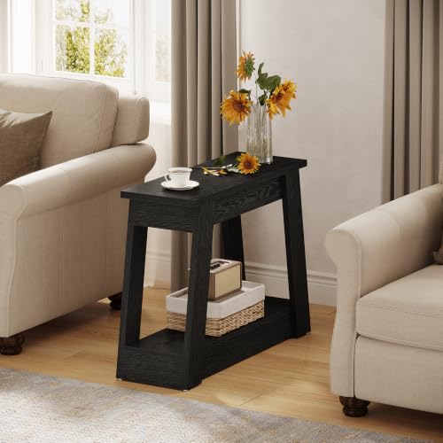 Tribesigns Wood End Table, Small Side Table with 2 Storage Shelves, Rustic Accent Narrow Nightstand for Living Room, Bedroom (2, Black) - color: Black