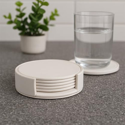 Leather Coaster Set - 4.3 Inch Round Desk Drink Pads for Hot & Cold Beverages, Office & Home Use (White) - color: White