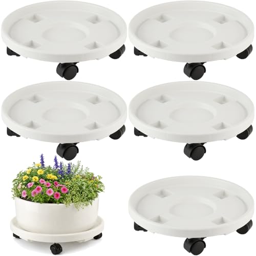 5-pack 11.8" Large Plant Caddy with Wheels Plastic Plant Dolly with Locking Caster Flower Pot Mover Rollers Wheeled Rolling Plant Stands Round Plant Saucer on Wheels Indoor Outdoor Base Coasters White - color: White, size: 11.8"/ 5 packs