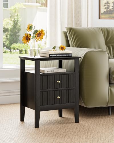 Fluted Nightstand, Farmhouse Night Stand with 2 Drawers, Mid Century Modern Side Accent Table,Bedside End Table for Bedroom, Living Room, Black - color: Black, size: 2 Drawers
