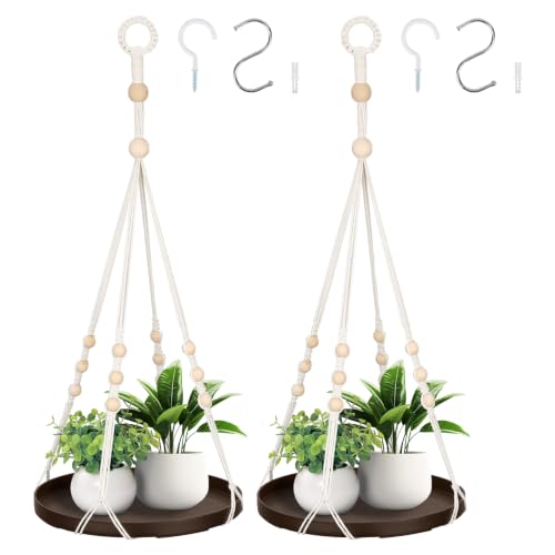 GREANER Brown Hanging Indoor Planters, 2 Packs Macrame Plant Hanger with Handmade Cotton, Hanging Plant Holder for Window Home Decor (Pots Not Included) - color: Brown