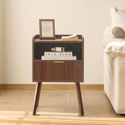 Night Stand, Mid Century Modern Nightstand with Fluted Drawers and Open Shelf, Small Accent Bedside Table for Bedroom, Living Room, and Small Spaces (Walnut Brown) - color: Walnut Brown
